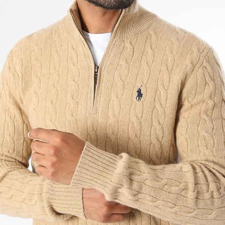 Polo Ralph Lauren - Pull Col Montant Zippé Original Player Camel Clair Noir