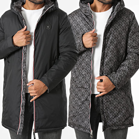 Kymaxx - Parka reversible con capucha y cremallera negra gris antracita
