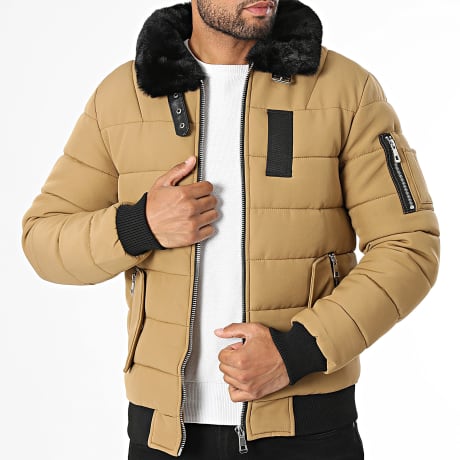 Kymaxx - Plumífero Cuello de Piel Cremallera Negro Camel