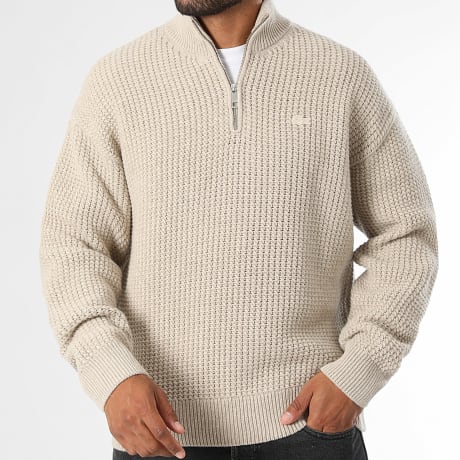 Lacoste - Pull Col Zippé En Maille Relaxed Fit Logo Brodé Crocodile Ton Sur Ton Beige