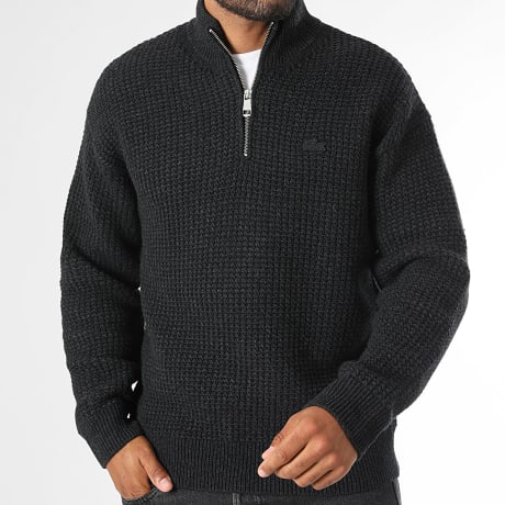 Lacoste - Pull Col Zippé En Maille Relaxed Fit Logo Brodé Crocodile Ton Sur Ton Gris Anthracite