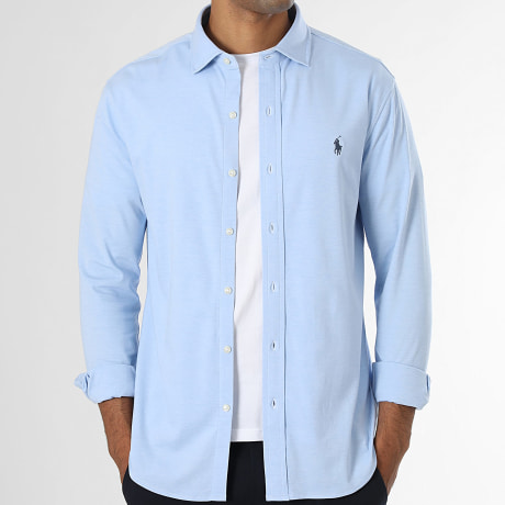 Polo Ralph Lauren - Chemise Manches Longues Original Player Bleu Clair Chiné Bleu Marine