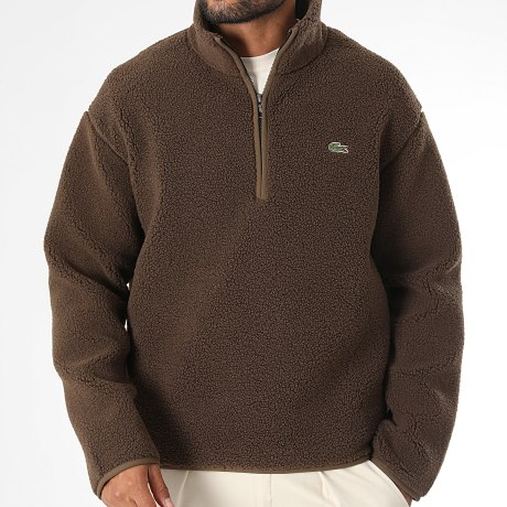 Lacoste - Sweat Polaire Col Zippé Logo Brodé Crocodile Marron