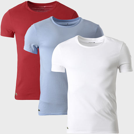 Lacoste - Pack di 3 T-Shirts Slim Fit Logo Ricamato Coccodrillo Azzurro Chiaro Bianco Rosso Scuro