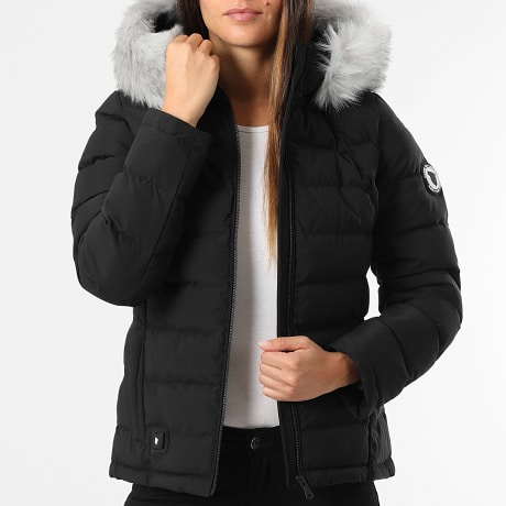 Comme Des Loups - Beheizte Daunenjacke Kapuze Fell Damen Budapest Schwarz Hellgrau
