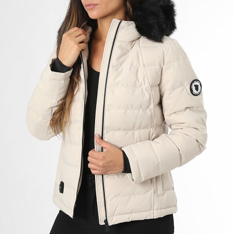 Comme Des Loups - Plumífero calefactable con capucha piel mujer Budapest beige negro