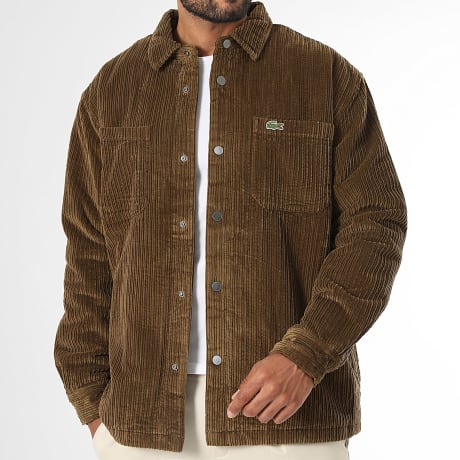 Lacoste - Veste Boutonnée Velours Côtelé Logo Brodé Crocodile Marron