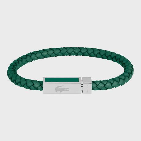 Lacoste - Pulsera de cuero Rokel Logo Cocodrilo Grabado Verde Plateado
