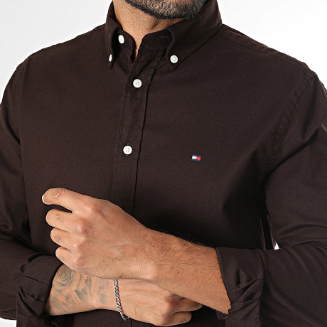Tommy Hilfiger - Camisa de manga larga Flex Flannel Solid 0469 Marrón Oscuro