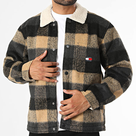 Tommy Jeans - Veste Boutonnée à Carreaux Teddy Collar 3523 Noir Beige