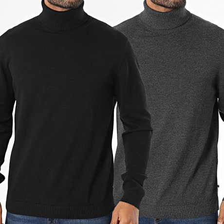 Jack And Jones - Lot de 2 Pulls Col Roulé Basic Knit Noir Gris Anthracite Chiné