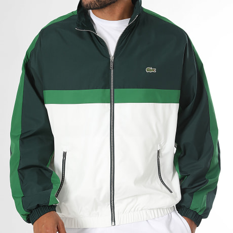 Lacoste - Veste Zippée A Bandes Logo Brodé Crocodile Blanc Vert