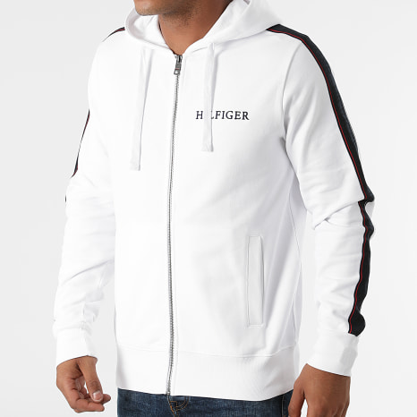 Tommy Hilfiger - Hilfiger 8723 Sudadera con capucha y cremallera con cinta grabada blanca