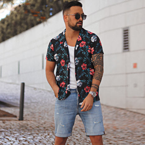LBO - Camisa de manga corta con estampado floral 2370 Negro Verde Naranja Rojo