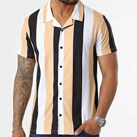 LBO - Camisa de rayas de manga corta 2371 Negro Blanco Beige