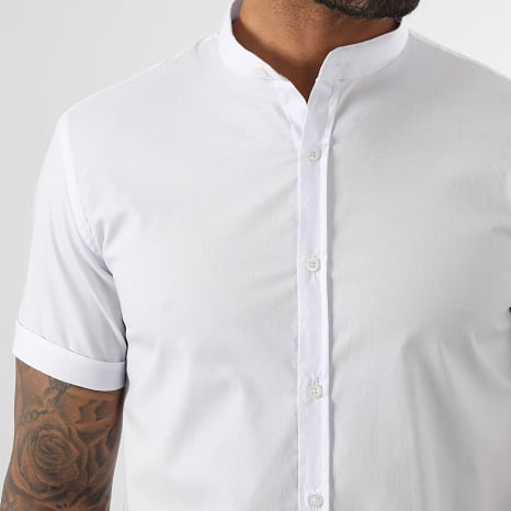 LBO - Slim Fit Mao Cuello Camisa de Manga Corta 2185 Blanco