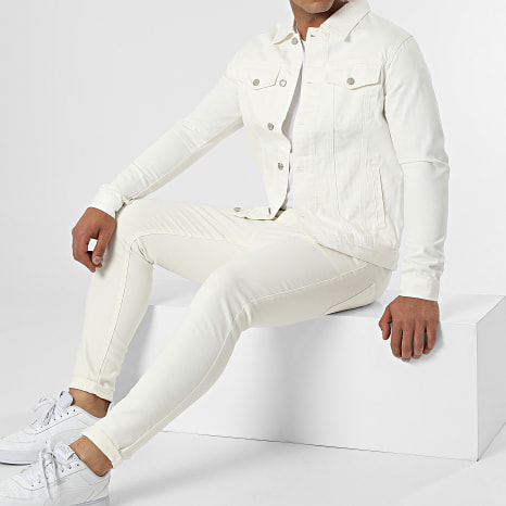Frilivin - Conjunto de vaqueros beige claro y chaqueta vaquera