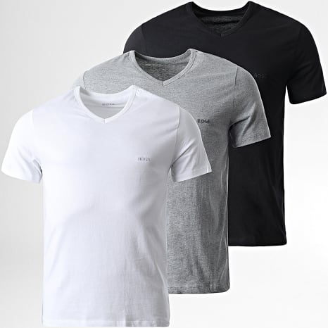 BOSS - Lot De 3 Tee Shirts Col V Classic 50475285 Blanc Noir Gris Chiné