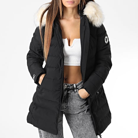 Comme Des Loups - Chaquetón Calentador con Capucha y Piel para Mujer Estocolmo Negro Blanco