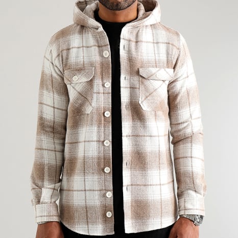 LBO - Beige Blanco 3046 Camisa de cuadros con capucha