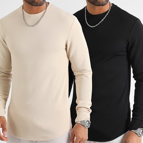 LBO - Lot De 2 Tee Shirt Manches Longues Texturé Waffle 0552 0554 Noir Beige Foncé