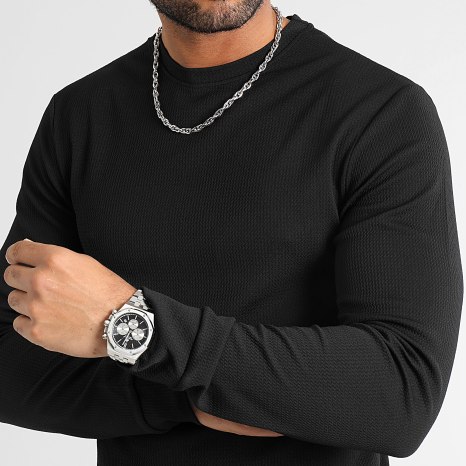 LBO - Lot De 2 Tee Shirt Manches Longues Texturé Waffle 0552 0554 Noir Beige Foncé