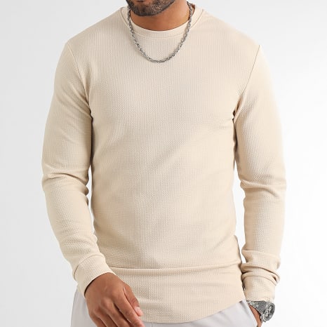 LBO - Lot De 2 Tee Shirt Manches Longues Texturé Waffle 0552 0554 Noir Beige Foncé