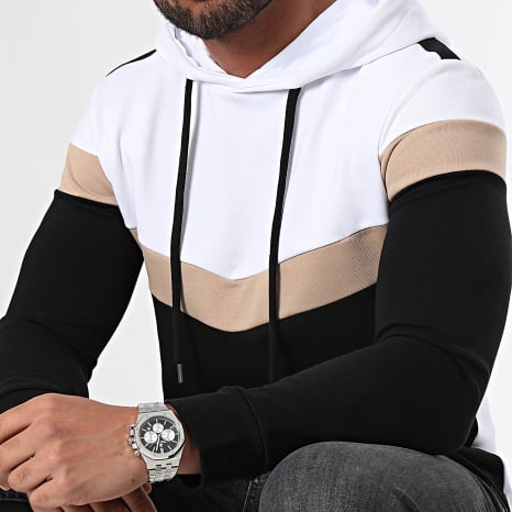 LBO - Sudadera Capucha Oversize Tricolor Retro 2436 Negro Blanco Beige