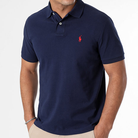 Polo Ralph Lauren - Polo Manches Courtes Custom Slim Fit Coton Piqué Original Player Bleu Marine