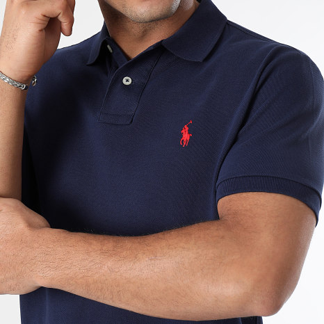 Polo Ralph Lauren - Polo Manches Courtes Custom Slim Fit Coton Piqué Original Player Bleu Marine