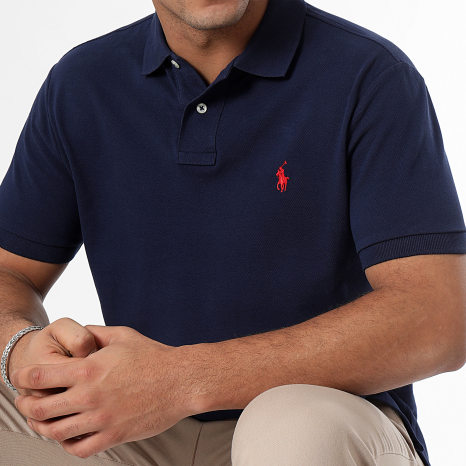 Polo Ralph Lauren - Polo Manches Courtes Custom Slim Fit Coton Piqué Original Player Bleu Marine