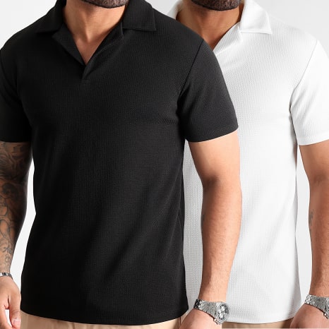 LBO - Juego de 2 polos de manga corta con textura de gofre 0813 Negro Blanco