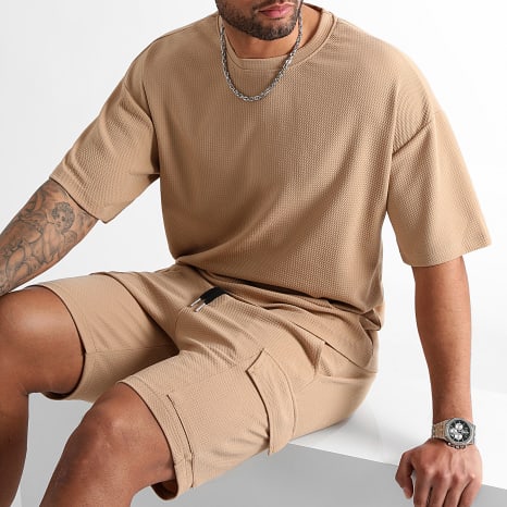 LBO - Ensemble Tee Shirt Large Et Short Cargo Texturé Waffle 0826 Beige