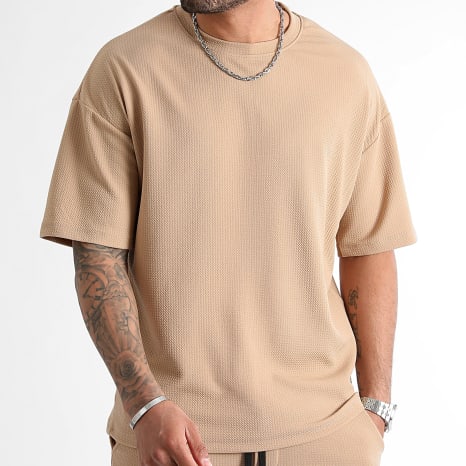 LBO - Ensemble Tee Shirt Large Et Short Cargo Texturé Waffle 0826 Beige