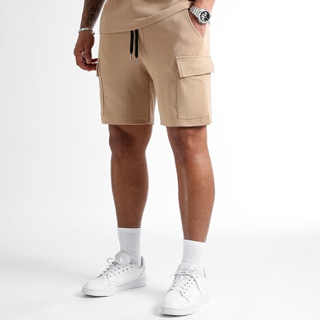 LBO - Ensemble Tee Shirt Large Et Short Cargo Texturé Waffle 0826 Beige