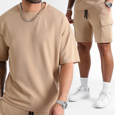 LBO - Ensemble Tee Shirt Large Et Short Cargo Texturé Waffle 0826 Beige