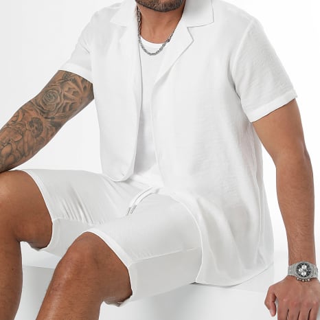 LBO - Overhemd met korte mouwen en linnen effect shortset 0801 Wit