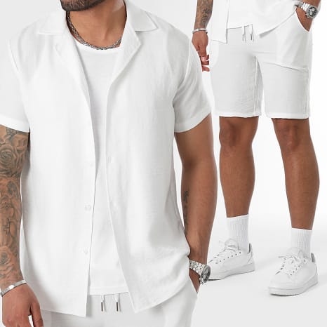 LBO - Ensemble Chemise Manches Courtes Et Short Effet Lin 0801 Blanc