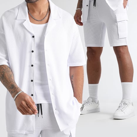 LBO - Waffle 3280 Set camicia a maniche corte oversize bianca e pantaloncini cargo testurizzati