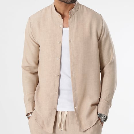 LBO - Chemise Manches Longues Effet Lin Col Officier 0947 Beige