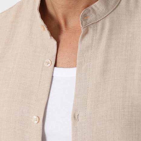 LBO - Chemise Manches Longues Effet Lin Col Officier 0947 Beige