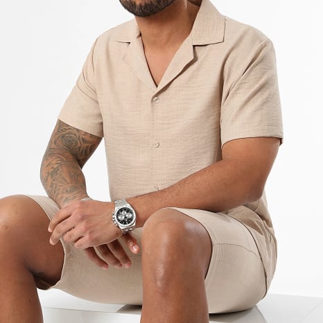 LBO - Completo Camicia Maniche Corte E Pantaloncino Effetto Lino 0946 Beige