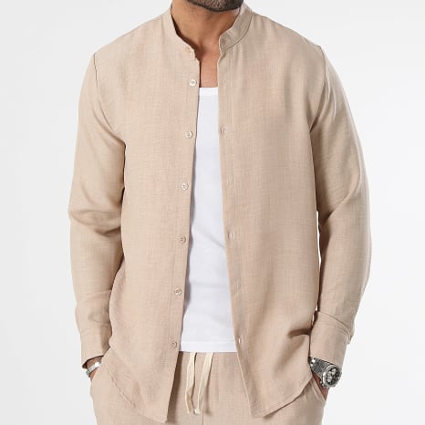 LBO - Conjunto Camisa Manga Larga Cuello Oficial Y Pantalón Efecto Lino 0949 Beige