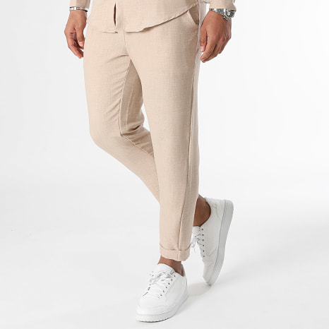 LBO - Conjunto Camisa Manga Larga Cuello Oficial Y Pantalón Efecto Lino 0949 Beige