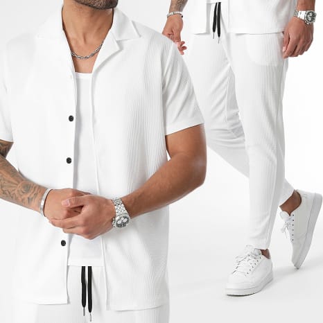 LBO - Ensemble Chemise Manches Courtes Et Pantalon Texturé Waffle 1034 Blanc