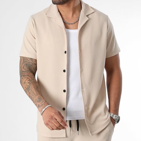 LBO - Conjunto de camisa de manga corta y pantalón texturizado Waffle 1036 Beige Claro