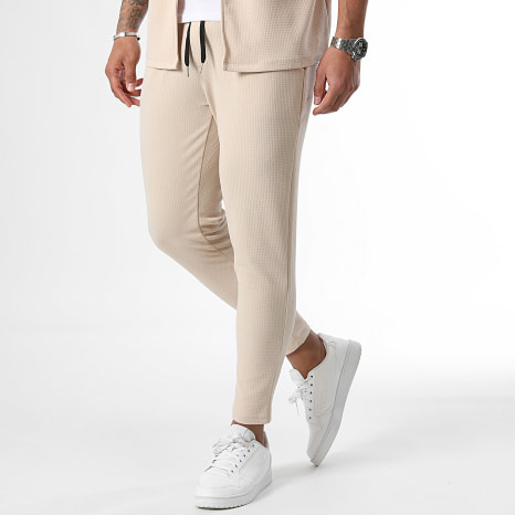 LBO - Conjunto de camisa de manga corta y pantalón texturizado Waffle 1036 Beige Claro