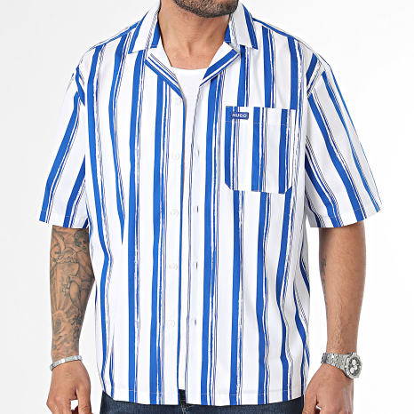 Hugo Blue - Chemise Manches Courtes A Rayures Eligino 50513867 Blanc Bleu Roi