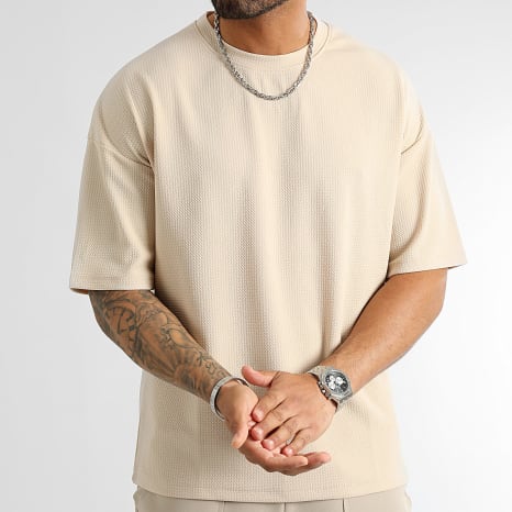 LBO - Lot De 2 Tee Shirt Texturé Waffle Large 1095 Blanc Beige