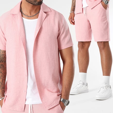 LBO - Ensemble Chemise Manches Courtes Et Short Effet Lin 1176 Rose